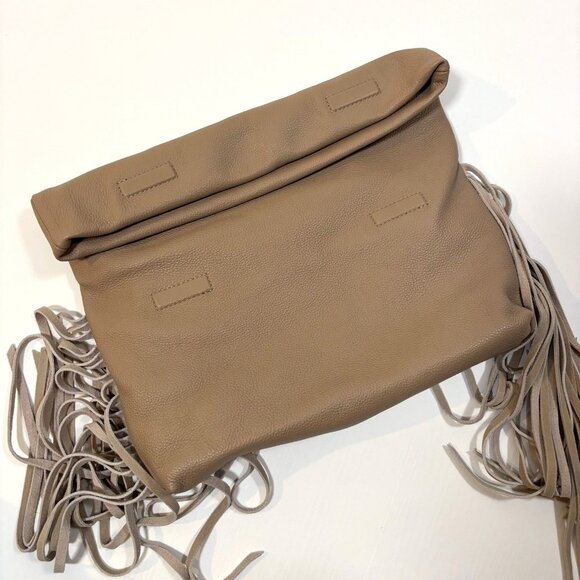 Dolce Vita Shea Large Leather Fringe Clutch Cafe Beige Soft Pebbled Leather - Picture 9 of 10